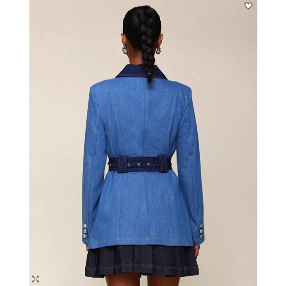 NEW Avec Les Filles Denim Military Jacket Small Blue Jean Cargo Belted Blazer - Picture 2 of 16